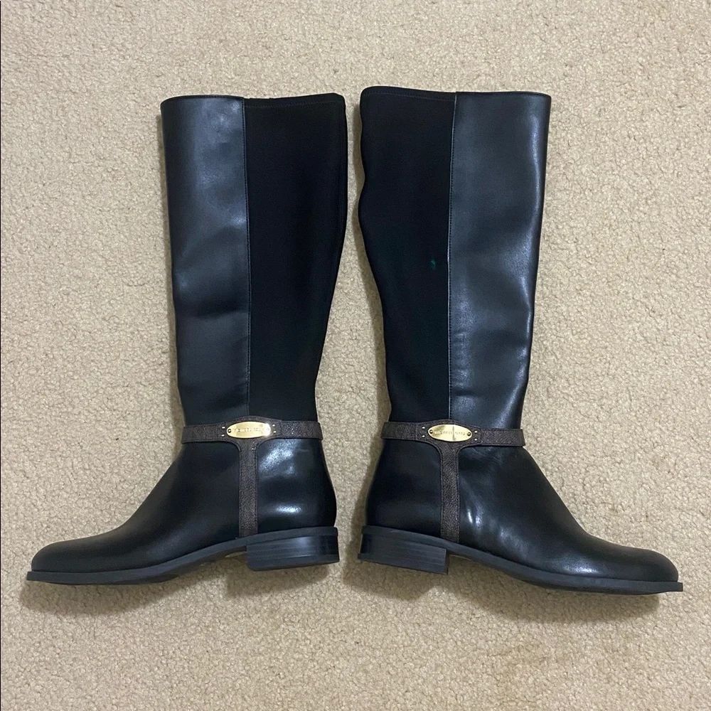 NWOB MICHAEL KORS Women's Poly-Spandex & Black Leather Long Boots w MK Logo